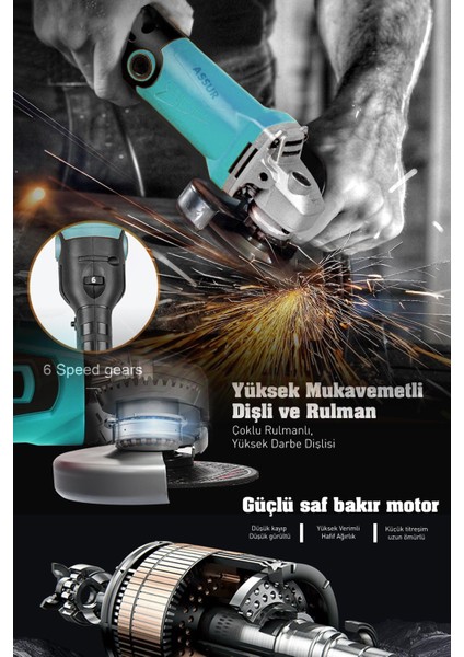 1200W Avuç Taşlama Makinesi 125mm 6 Kademeli Uzun Kuyruk