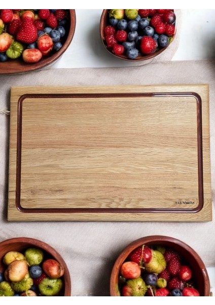 Meşe Ağacı 39 cm Bakır Kırmızı Epoksi Dolgu Oluklu Kesme Tahtası Sunumluk