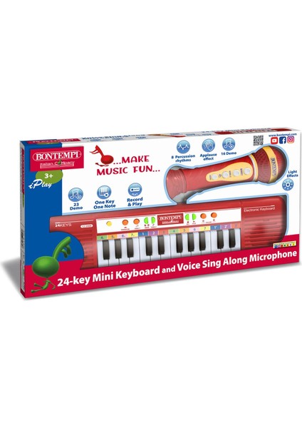 Minik Müzisyenlere Elektronik Mikrofonlu Işıklı 24 Tuşlu Kırmızı Org