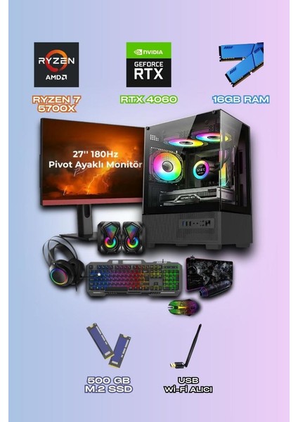 RMT1301 Ryzen 7 5700X / Rtx 4060 / 16GB Ram / 500GB M2 27'' 180hz 1ms Pivot Gaming Monitör