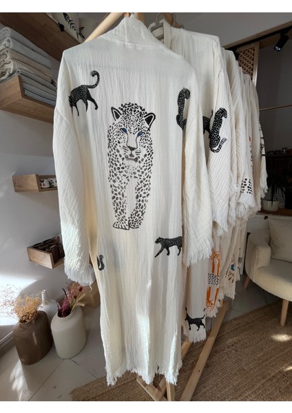 Pamuklu Kaplan Desenli Müslin Kimono Yeni Nesil Bornoz Kaftan Sabahlık - El Baskı