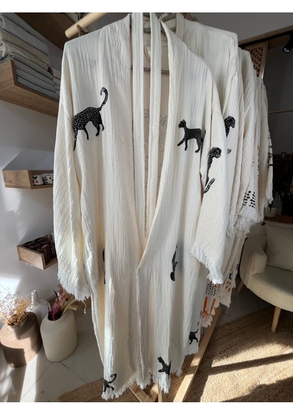 Pamuklu Kaplan Desenli Müslin Kimono Yeni Nesil Bornoz Kaftan Sabahlık - El Baskı