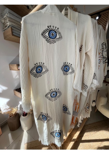 Pamuklu Göz Desenli Müslin Kimono Yeni Nesil Bornoz Kaftan Sabahlık - El Baskı