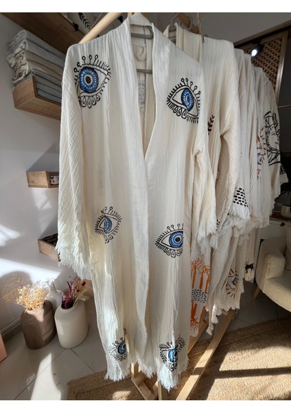 Pamuklu Göz Desenli Müslin Kimono Yeni Nesil Bornoz Kaftan Sabahlık - El Baskı fiyatları