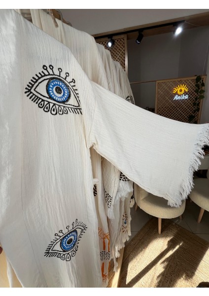 Pamuklu Göz Desenli Müslin Kimono Yeni Nesil Bornoz Kaftan Sabahlık - El Baskı modelleri