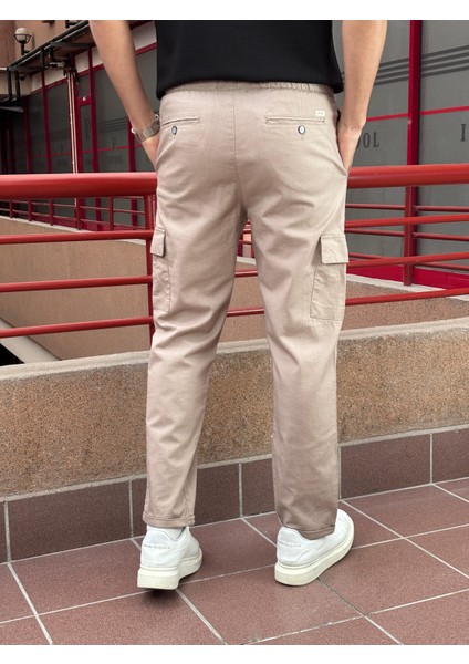 Erkek, Beli Lastikli, Nervür Detaylı, Pamuklu, Keten Dokuma, Regular Fit, Kargo Cep Pantolon INP293