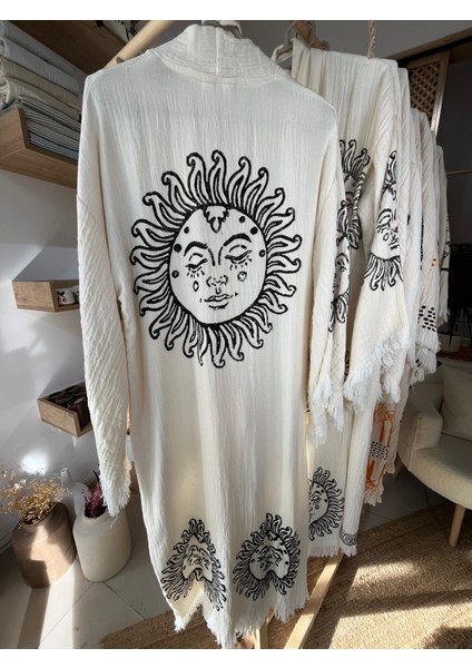 Pamuklu Güneş Desenli Müslin Kimono Yeni Nesil Bornoz Kaftan Sabahlık - El Baskı