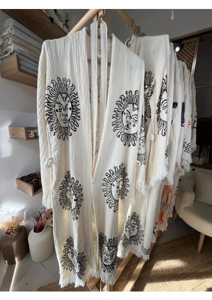 Pamuklu Güneş Desenli Müslin Kimono Yeni Nesil Bornoz Kaftan Sabahlık - El Baskı fiyatları