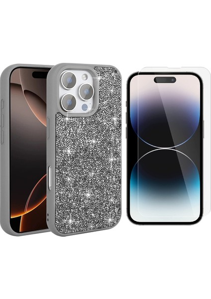 Apple iPhone 16 Pro Max Kılıf Parlak Taşlı Tasarım Zore Pırlanta Kapak + Nano Ekran Koruyucu