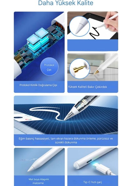 Epen01 iPad Apple Tablet Kalemi CE Sertifikalı - Hızlı Şarj-LED Pil Göstergesi Type-C Kablosu - %75'e Kadar Daha Fazla Pil Ömrü