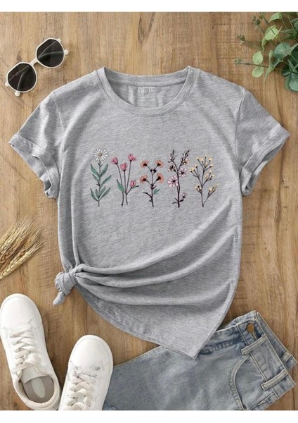 Lavanta Desen Baskılı Basic T-Shirt