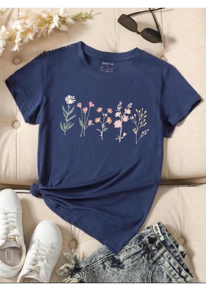 Lavanta Desen Baskılı Basic T-Shirt