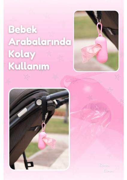 Kirli Bebek Bezi Çöp Poşeti Çanta Boy Pembe Taşıma Çantası ve 2 Rulo (30 Poşet)