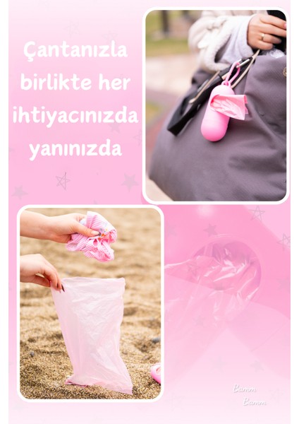 Kirli Bebek Bezi Çöp Poşeti Çanta Boy Pembe Taşıma Çantası ve 2 Rulo (30 Poşet)