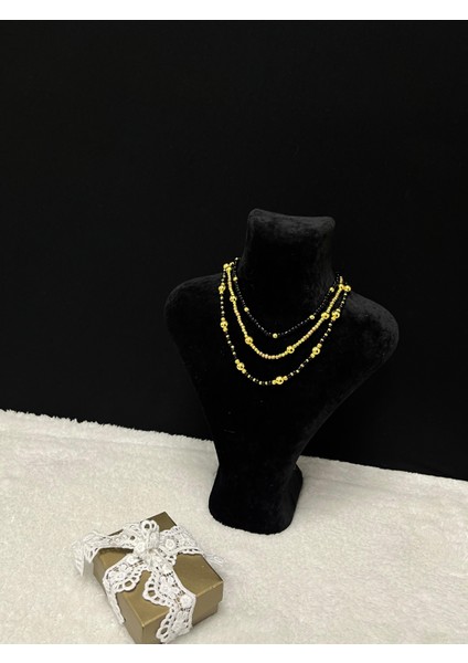 Özel Tasarım Gold Inci-Siyah Porselen Boncuk Luxury Kadın 3 Lü Inci Kolye