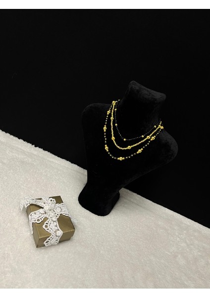 Özel Tasarım Gold Inci-Siyah Porselen Boncuk Luxury Kadın 3 Lü Inci Kolye