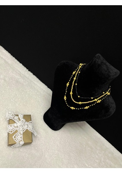 Özel Tasarım Gold Inci-Siyah Porselen Boncuk Luxury Kadın 3 Lü Inci Kolye
