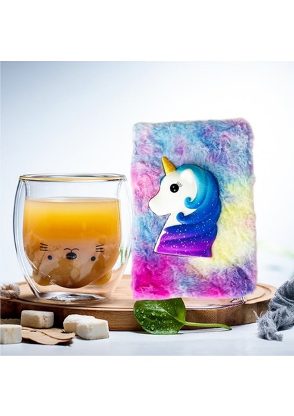 Renkli Unicorn Squishyli Peluş Defter ve Kedi Çidarlı Bardak Seti