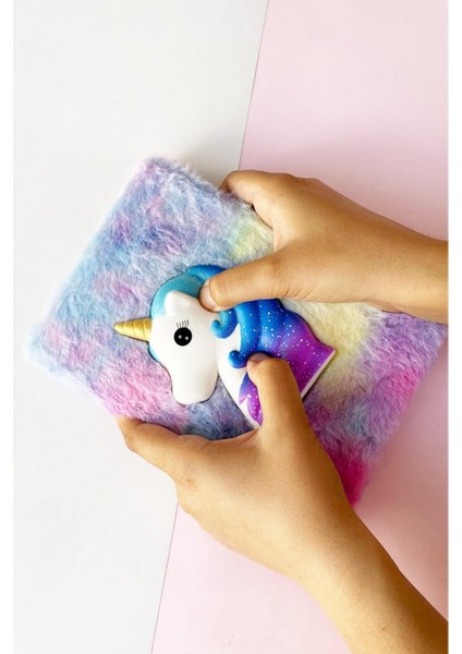 Renkli Unicorn Squishyli Peluş Defter ve Kedi Çidarlı Bardak Seti