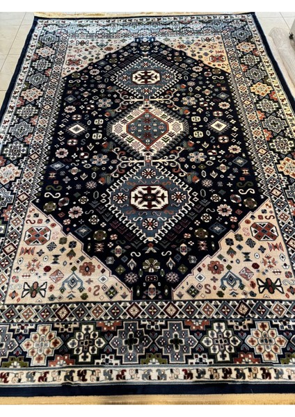 Asaryün Halı Ipek H4320AL Lacivert Ipeksi Geleneksel Renkli Göbekli Klasik Desen Salon Halısı Modern