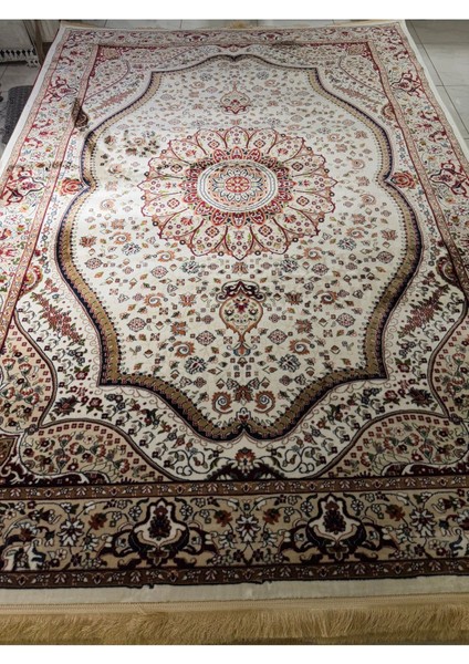 Asaryün Halı Ipek H4158C Krem Bej Ipeksi Geleneksel Renkli Göbekli Klasik Desen Salon Halısı Modern