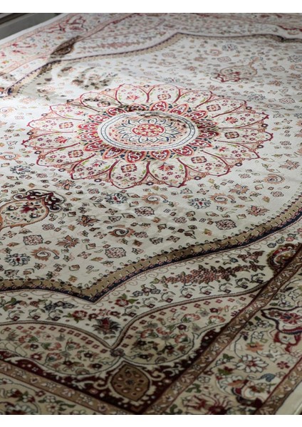Asaryün Halı Ipek H4158C Krem Bej Ipeksi Geleneksel Renkli Göbekli Klasik Desen Salon Halısı Modern