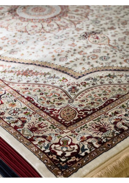 Asaryün Halı Ipek H4158C Krem Bej Ipeksi Geleneksel Renkli Göbekli Klasik Desen Salon Halısı Modern