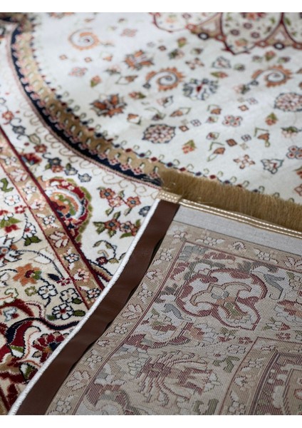 Asaryün Halı Ipek H4158C Krem Bej Ipeksi Geleneksel Renkli Göbekli Klasik Desen Salon Halısı Modern