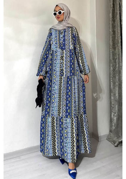 Viskon Bohem Desenli Tesettür Elbise