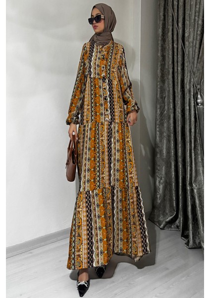 Viskon Bohem Desenli Tesettür Elbise
