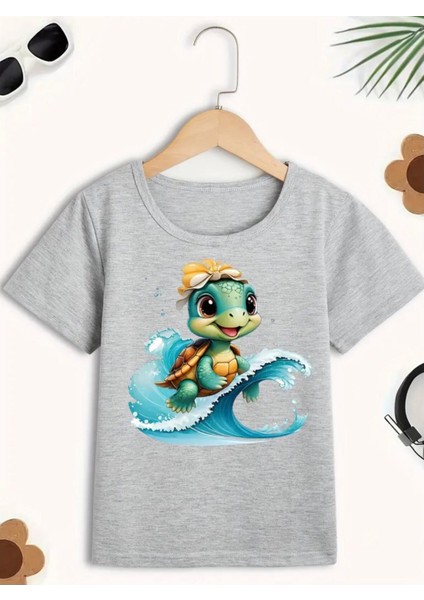 Punıx Kıds Özel Üretim Sörfçü Kaplumbağa Baskılı Yeni Stil Kız Çocuk Ter Tutmayan Yazlık T-Shırt