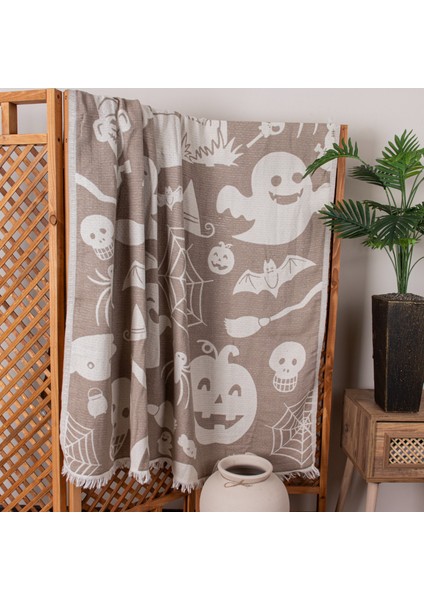Halloween Desenli Dokuma Pamuklu Tek Kişilik Battaniye - Yatak Örtüsü