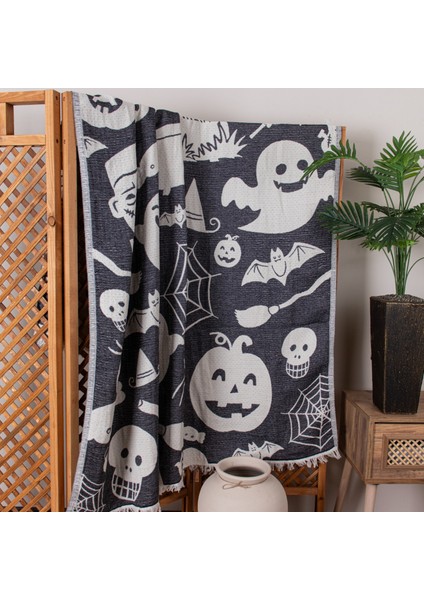 Halloween Desenli Dokuma Pamuklu Tek Kişilik Battaniye - Yatak Örtüsü