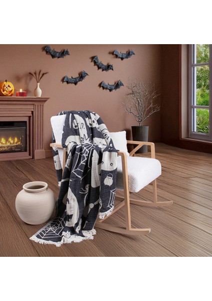 Halloween Desenli Dokuma Pamuklu Tek Kişilik Battaniye - Yatak Örtüsü
