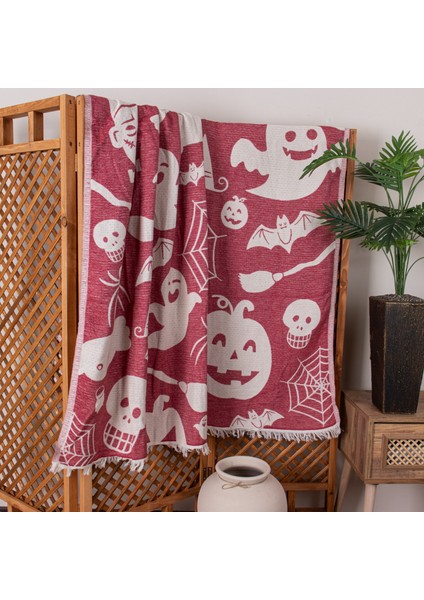Halloween Desenli Dokuma Pamuklu Tek Kişilik Battaniye - Yatak Örtüsü