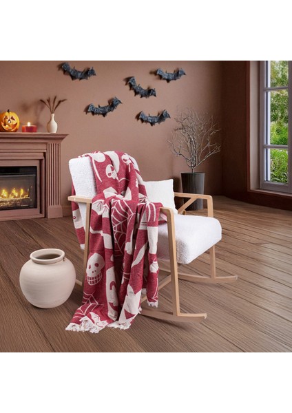 Halloween Desenli Dokuma Pamuklu Tek Kişilik Battaniye - Yatak Örtüsü