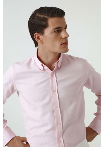 Slim Fit Pembe Armürlü Düğmeli Yaka Pamuklu Gömlek 5HC02ORT07265