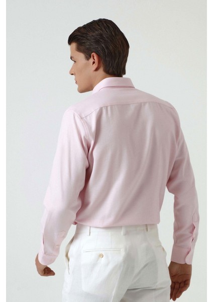 Slim Fit Pembe Armürlü Düğmeli Yaka Pamuklu Gömlek 5HC02ORT07265