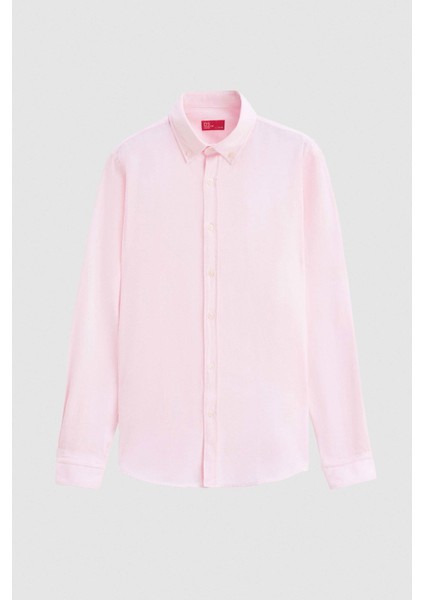 Slim Fit Pembe Armürlü Düğmeli Yaka Pamuklu Gömlek 5HC02ORT07265