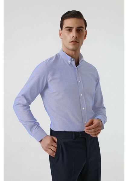 Slim Fit Mavi Armürlü Düğmeli Yaka Pamuklu Gömlek 5HC02ORT07265