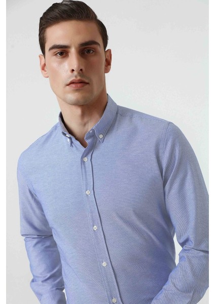 Slim Fit Mavi Armürlü Düğmeli Yaka Pamuklu Gömlek 5HC02ORT07265