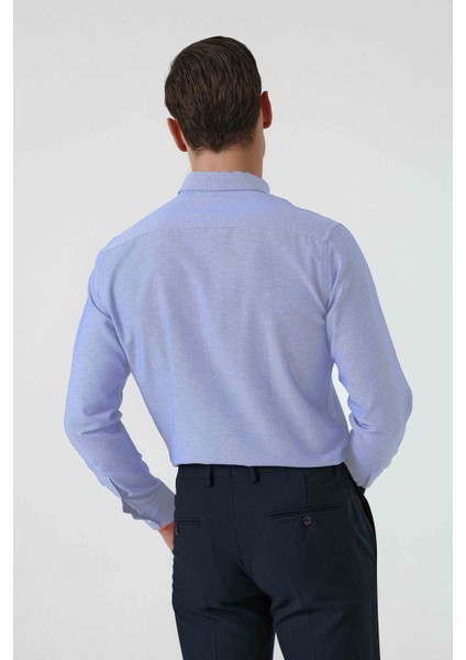 Slim Fit Mavi Armürlü Düğmeli Yaka Pamuklu Gömlek 5HC02ORT07265