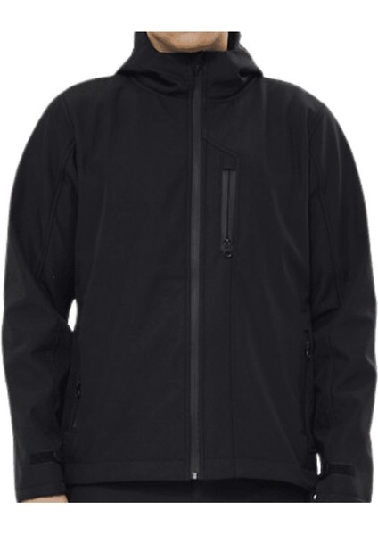 Softshell Rüzgar ve Suya Dayanıklı Kapüşonlu Ceket Mont Siyah