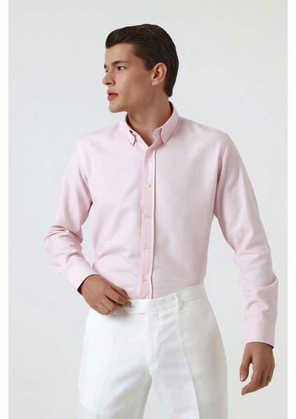 Slim Fit Pembe Armürlü Düğmeli Yaka Pamuklu Gömlek 5HC02ORT07265