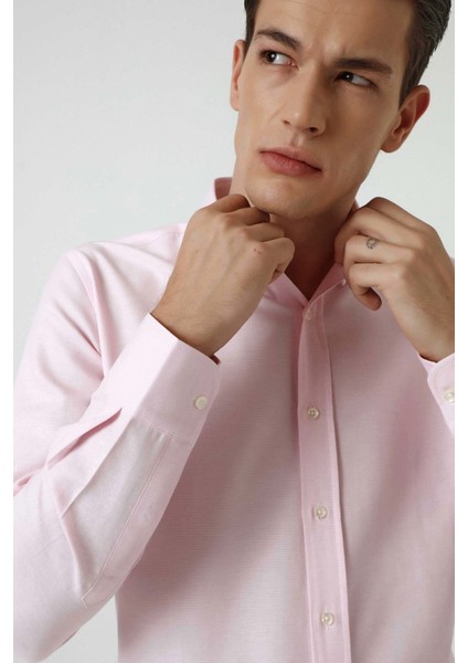 Slim Fit Pembe Armürlü Düğmeli Yaka Pamuklu Gömlek 5HC02ORT07265
