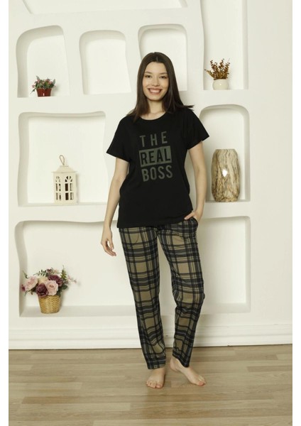 Süprem Kumaş Altı Ekose Desenli Kısa Kollu Kadın Pijama TAKIMI-6610