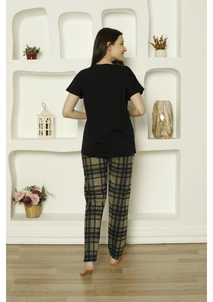 Süprem Kumaş Altı Ekose Desenli Kısa Kollu Kadın Pijama TAKIMI-6610 modelleri