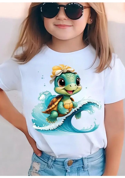 Punıx Kıds Özel Üretim Sörfçü Kaplumbağa Baskılı Yeni Stil Kız Çocuk Ter Tutmayan Yazlık T-Shırt