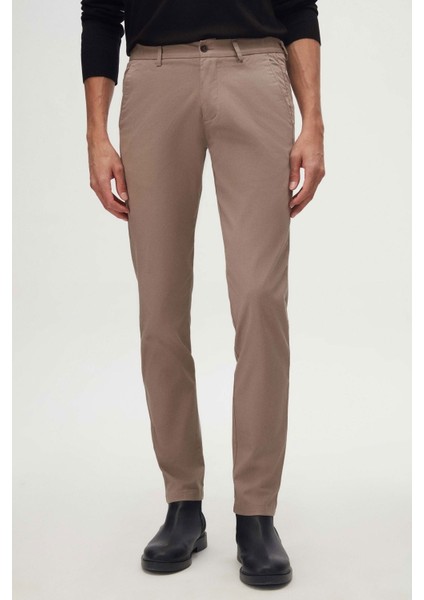 Slim Fit Bej Armürlü Yan Beli Lastikli Esnek Likralı Yandan Cepli Chino Pantolon 2HCC3ORT20001