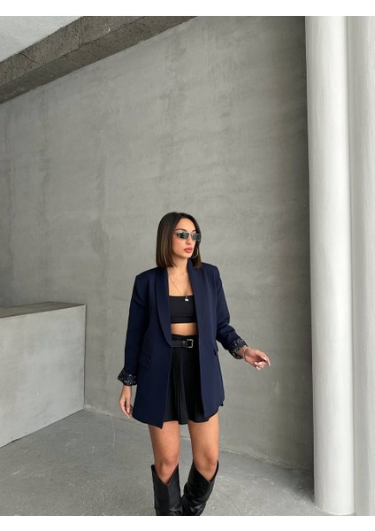 Yeni Sezon Kadın Blazer Ceket İçi Leopar Astar Detaylı Düğmesiz Uzun indirimleri